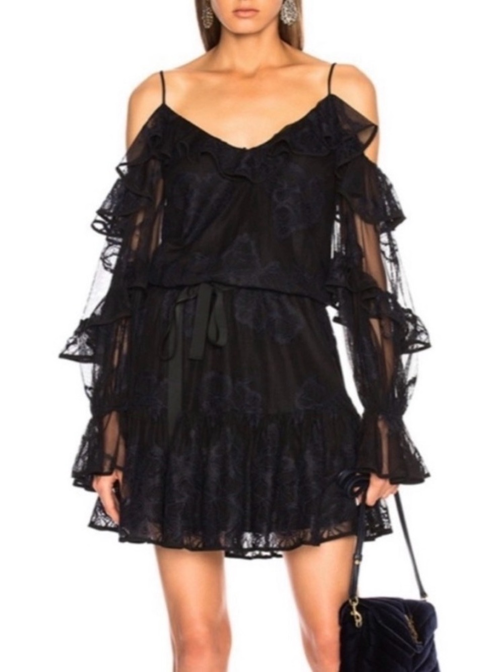 Alexis Black Cold-Shoulder Lace Ruffle Mini Dress